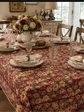 April Cornell vintage 86”x59” Floral Cotton Tablecloth in Red and Cream
